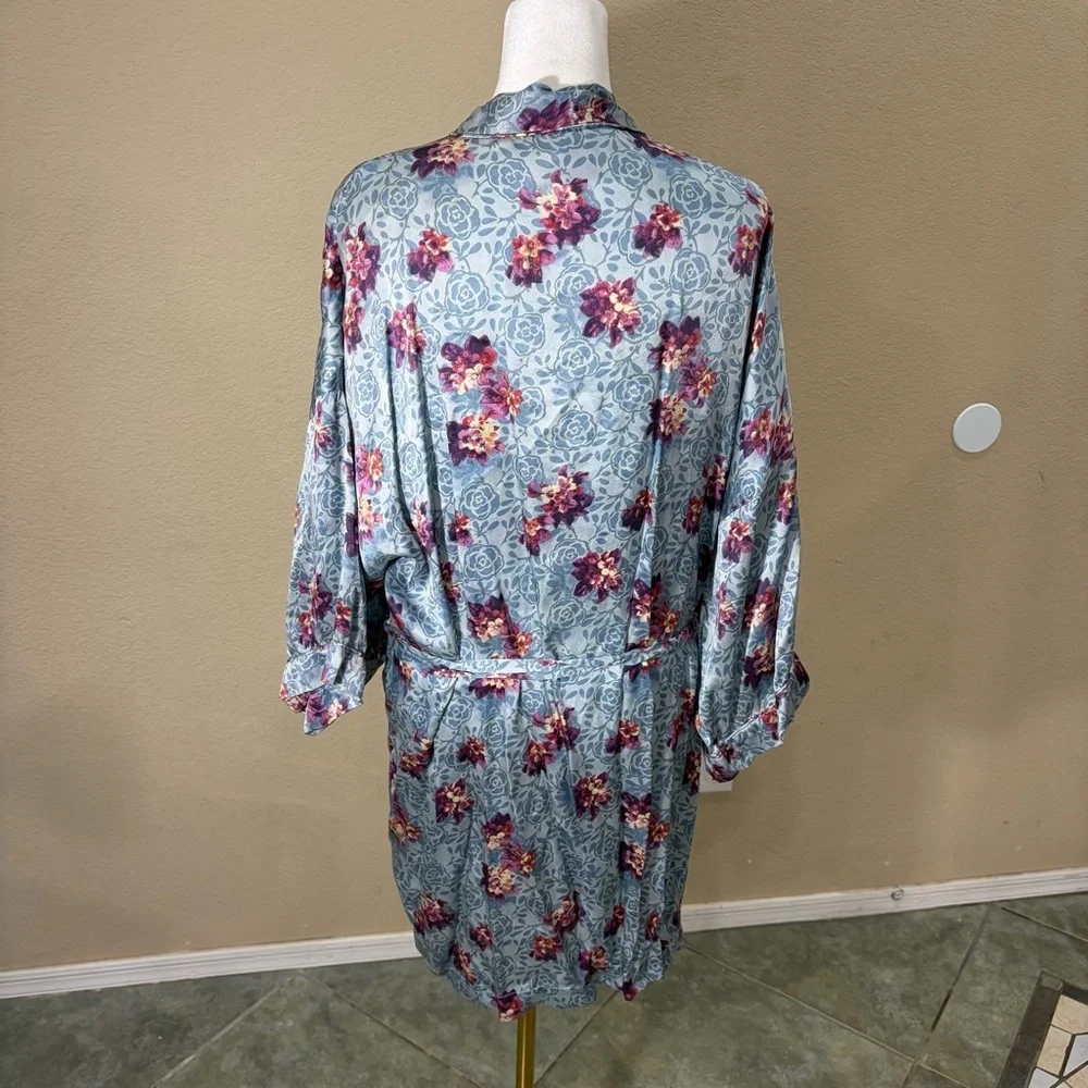 100% Silk Kimono Robe - M Blue Floral Boho Peasant Cottagecore Vacay Beachy - Picture 5 of 10
